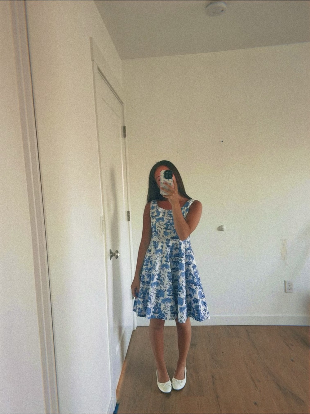 Blue and White Floral Fit-and-Flare Dress